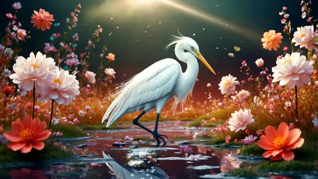 illustration of a white stork on a flower background river