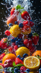 A bunch of fruit is being splashed with water.