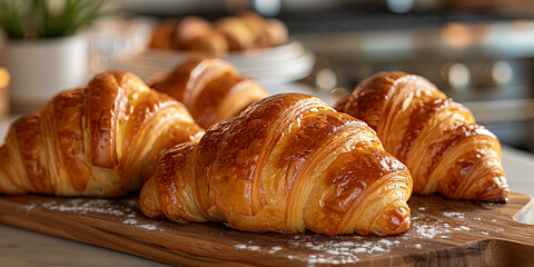 Croissants on a wooden cutting board.