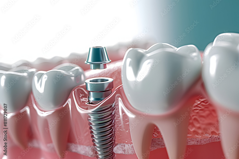 Sticker dental implantation, teeth with implant screw, 3d illustration.