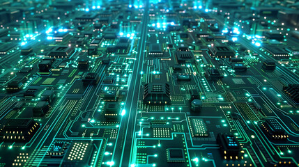 Fototapeta premium Futuristic Circuit Board Cityscape Illustrating Technology and Data Infrastructure