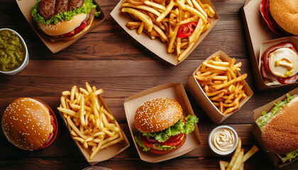Top view of various unhealthy fast foods on a wooden table, copy space for text

