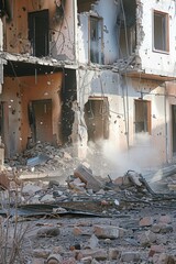 War zone hit by missile strike damaging a building