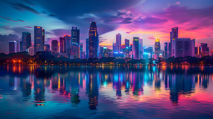 Vibrant Urban Cityscape at Dusk with Reflections and Illuminated Skyscrapers