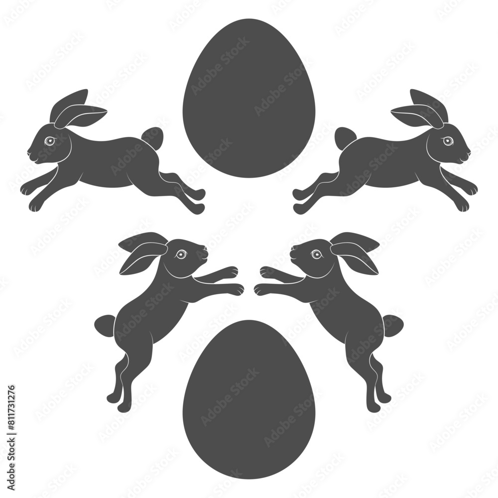 Poster set of black and white illustrations with easter bunny and eggs. isolated vector objects on white ba