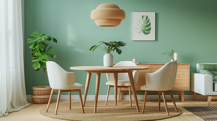 Obraz premium Mint Chairs at Wooden Dining Table in Living Room