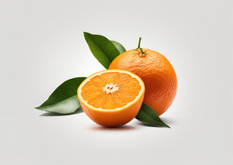 Two oranges with an orange slice and two leaves isolated on white background.