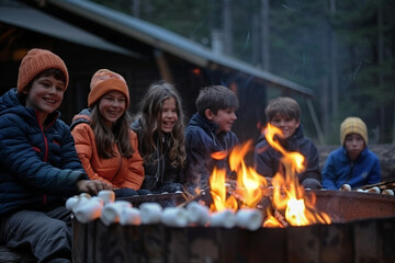 Children Enjoying Campfire Marshmallow Roast
