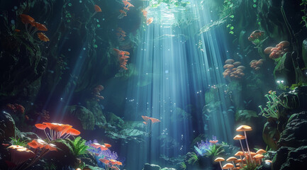An underground cave full of magic bright mushrooms, fluorescent green plants and bright jellyfish-trees, with rays of light coming through the ceiling. Generative AI.