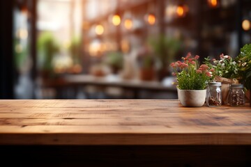 Empty wooden table and Coffee shop blur background with bokeh image.