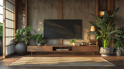 A zen-inspired TV lounge with a minimalist TV stand and natural wood accents.