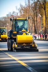Construction Concept: Utilizing Roller Compactors for Road Construction and Asphalt Finishing.