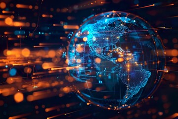 Abstract America Globe in Blue and Orange - Cyber Technology Background - Global Network