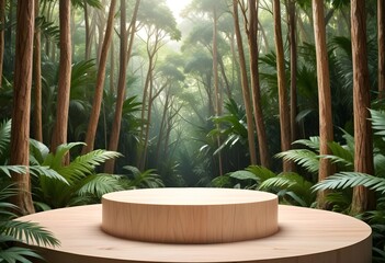 Fototapeta premium Photo concrete wooden podium in the tropical forest for product presentation and green tree background