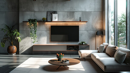 A minimalist TV lounge with a floating TV shelf and a cozy sectional sofa.