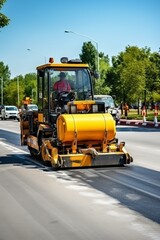 Construction Concept: Utilizing Roller Compactors for Road Construction and Asphalt Finishing.