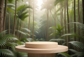 Photo concrete wooden podium in the tropical forest for product presentation and green tree background
