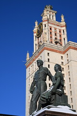 Fototapeta premium Sculptural composition at the entrance to the main building of Moscow State University named after M.V. Lomonosov