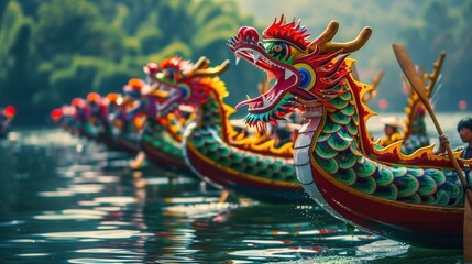 Chinese dragon boats lined up on the river, dragon head shape with colorful scales and horns painted on wooden oars, people rowing in festive atmosphere