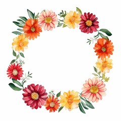 Fototapeta premium zinnia themed frame or border for photos and text. bold and vibrant colors. watercolor illustration, flowers frame, botanical border, An illustration for printing design, textile.