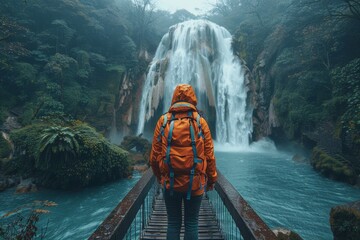 A hiker wearing an orange jacket faces a breathtaking misty waterfall while standing on a pedestrian bridge