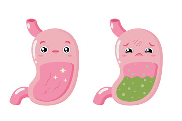 Healthy and sick Cartoon stomach. Healthy and sick stomach. Gastritis and heartburn. Improper diet, acid, infection. Stock vector illustration isolated on white background.