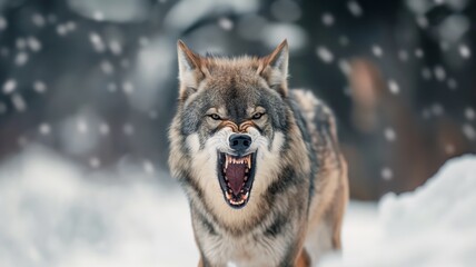 Snarling Grey Wolf in a Snowy Landscape