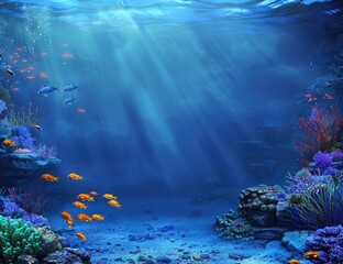 Sunlight shining through water on coral reef in underwater natural environment