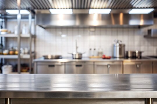 Steel table top with blurred empty kitchen background can be used for mocking up or display product to make advertising