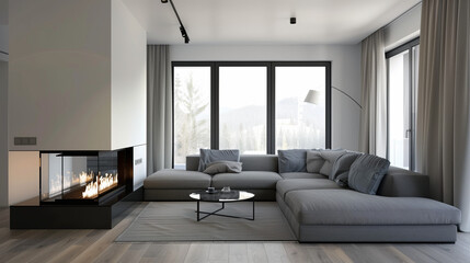 Spacious Living Room With Large Grey Couch and Fireplace
