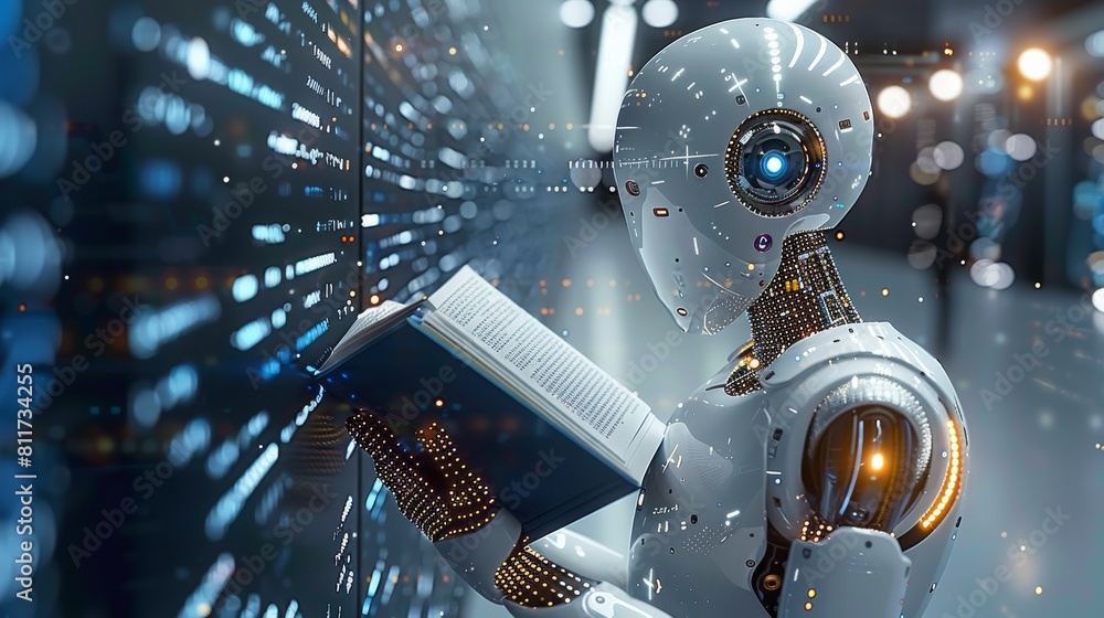 Fototapete An AI robot holding an open book with blue pages on the background, surrounded by digital code and letters. The color scheme is white for contrast against light blue background. Generative AI.
