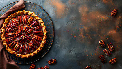 Cooling rack with tasty pecan pie on grunge background with space for text