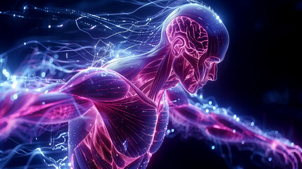 A human body in motion with neon pink and blue glowing lines, showing the complex network of muscles inside the skin against an indigo background