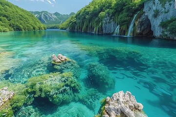 A breathtaking view of the turquoise waters in Plitvice Lakes National Park, revealing the underwater landscape