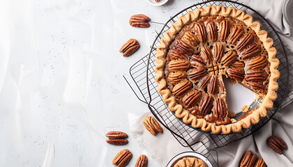 Cooling rack with tasty pecan pie on grunge background with space for text