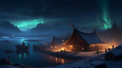 an ancient Viking settlement under the Northern Lights - obrazy, fototapety, plakaty