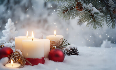 Christmas candle on the snow, winter landscape, generative ai