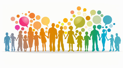 Diverse Families Connected in Love and Unity, Vector Illustration of People Together with Chat Bubble Logo - Social Community Concept