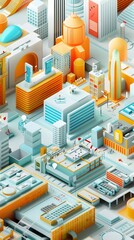 Obraz premium Isometric cityscape with building views: Vector illustration of urban architecture and business district in 3D render