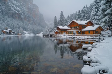 Fototapeta premium Wooden houses by a frozen lake surrounded by snow-covered trees in a tranquil winter setting