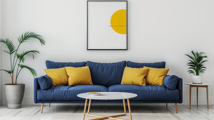 Modern Living Room With Blue Couch and Yellow Pillows