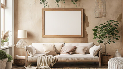 Mock up frame in Earth Tone living room interior, farmhouse style.