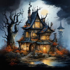 Cabin in the Wood, Cartoon Illustration, Generative AI