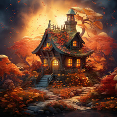 Fototapeta premium Cabin in the Wood, Cartoon Illustration, Generative AI