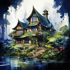 Fototapeta premium Cabin in the Wood, Cartoon Illustration, Generative AI