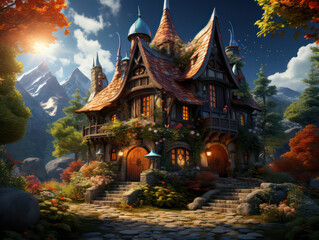 Fototapeta premium Cabin in the Wood, Cartoon Illustration, Generative AI