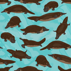 Seamless pattern with duck-billed platypus. Endemic species of Australia and Tasmania. Realistic vector pattern