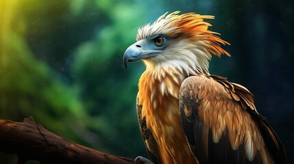 Obraz premium Close-up of a Philippine eagle perched on a branch with a lush green forest background.