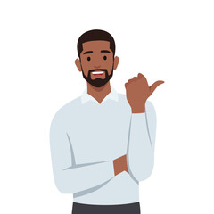 Businessman showing and pointing fingers upper left and right corner.