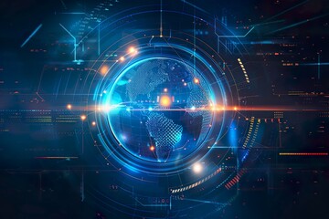 Obraz premium Glowing Holographic Earth Globe on Blue Background - Global Business Technology Concept - World Map